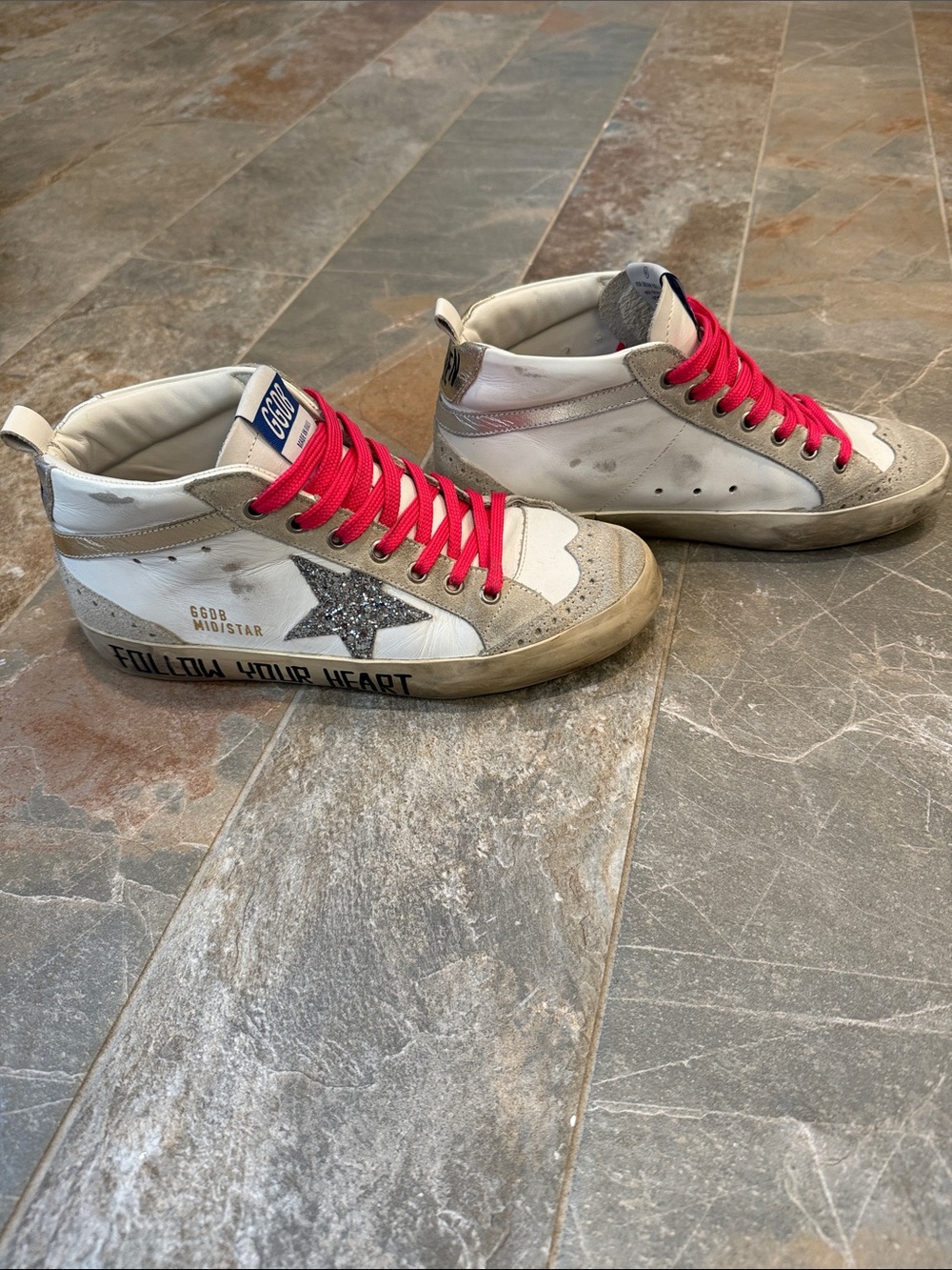 Golden Goose Mid-Star High-Top Sneakers in White with Pink Laces